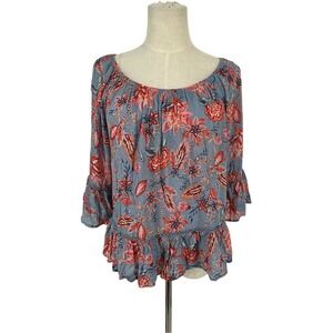DEMOCRACY Blue Floral Bell Sleeve Ruffle Peasant Blouse Top Womens Size S Boho